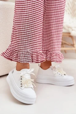 Trampki Damskie Na Platformie Z Ozdobnym Sznurowaniem Białe Tivora