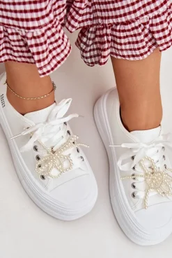 Trampki Damskie Na Platformie Z Ozdobnym Sznurowaniem Białe Tivora