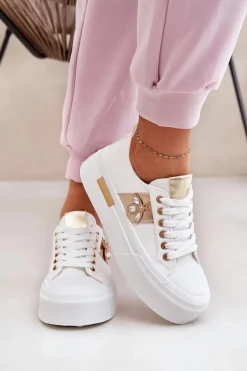 Trampki Damskie Na Platformie Z Ozdobnym Detalem Białe Annisae