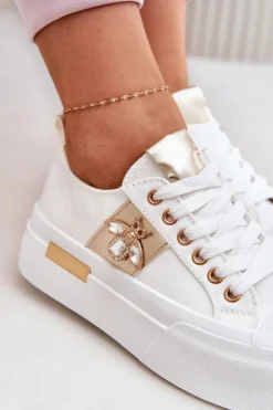 Trampki Damskie Na Platformie Z Ozdobnym Detalem Białe Annisae