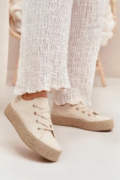 Trampki Damskie Na Platformie Z Plecionką Beżowe Princa