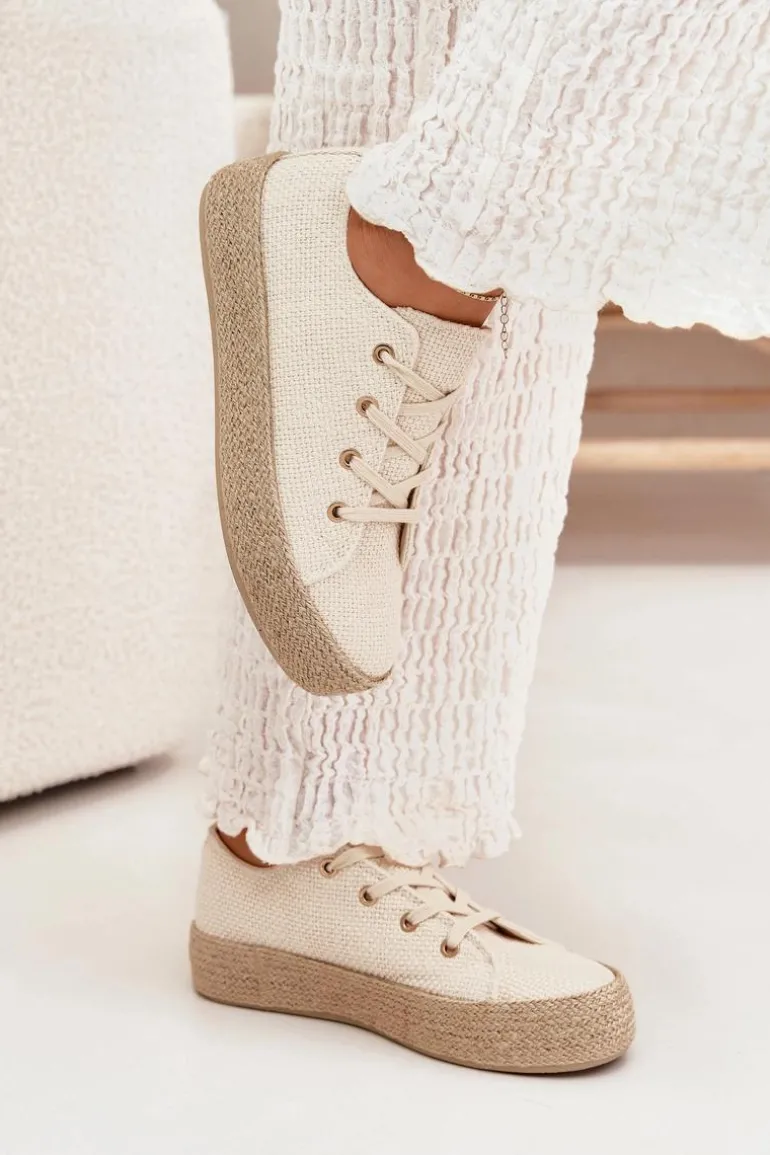 Trampki Damskie Na Platformie Z Plecionką Beżowe Princa