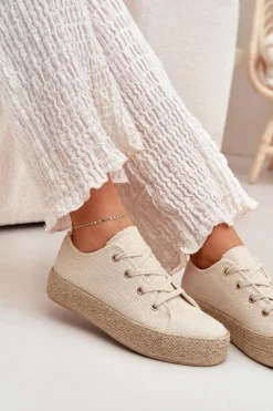 Trampki Damskie Na Platformie Z Plecionką Beżowe Princa