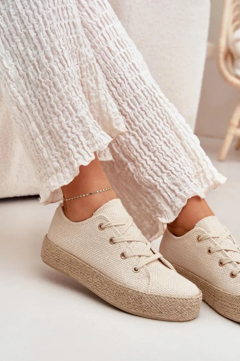 Trampki Damskie Na Platformie Z Plecionką Beżowe Princa
