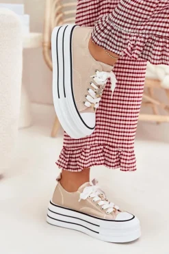 Trampki Damskie Na Platformie Ze Złotymi Przypinkami Beżowe Fiorina