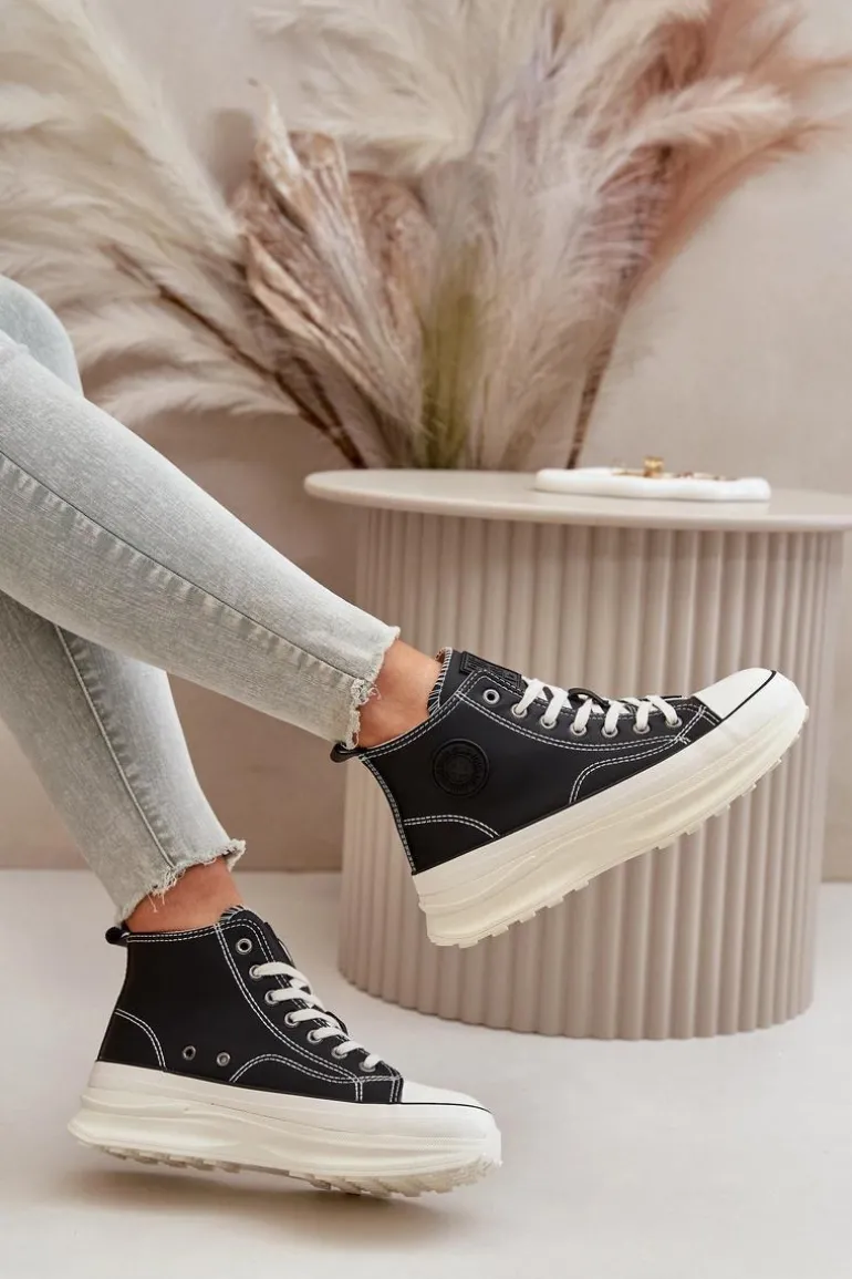 Trampki Damskie Na Platformie Eko Skórzane Big Star OO274063 Czarne