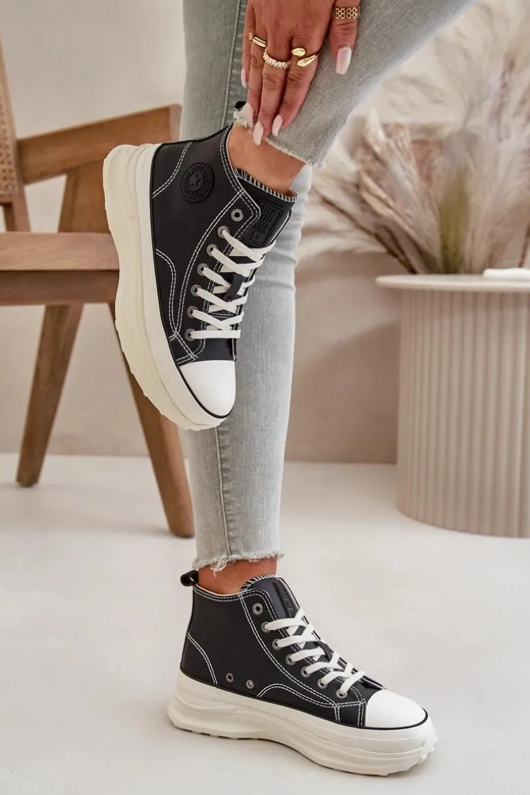 Trampki Damskie Na Platformie Eko Skórzane Big Star OO274063 Czarne