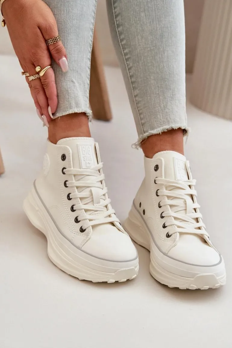 Trampki Damskie Na Platformie Eko Skórzane Big Star OO274064 Białe