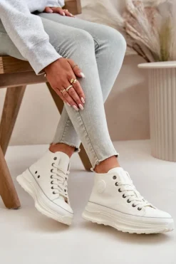 Trampki Damskie Na Platformie Eko Skórzane Big Star OO274064 Białe