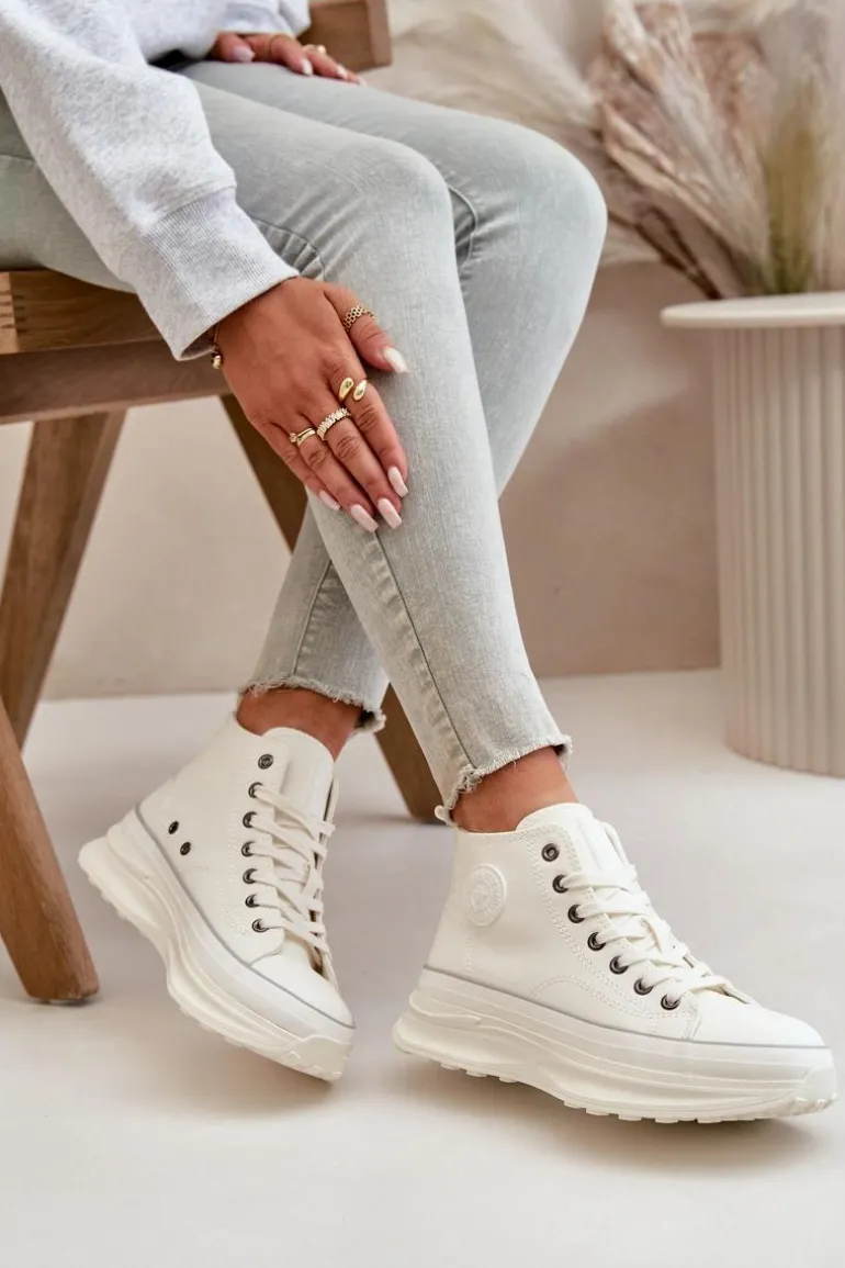 Trampki Damskie Na Platformie Eko Skórzane Big Star OO274064 Białe