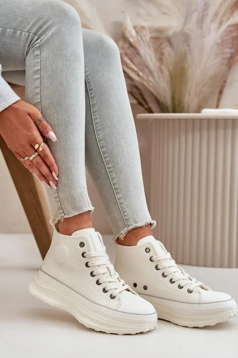 Trampki Damskie Na Platformie Eko Skórzane Big Star OO274064 Białe