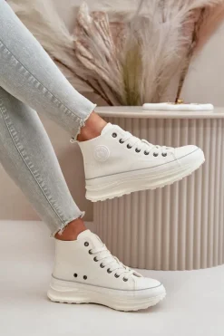Trampki Damskie Na Platformie Eko Skórzane Big Star OO274064 Białe