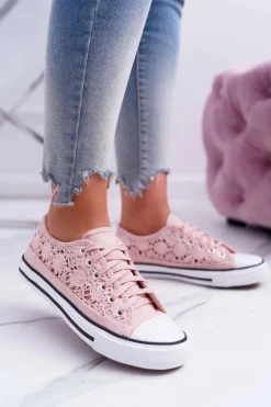 Trampki Damskie Niskie Koronkowe Różowe Veroli