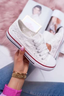 Trampki Damskie Niskie Koronkowe Białe Veroli