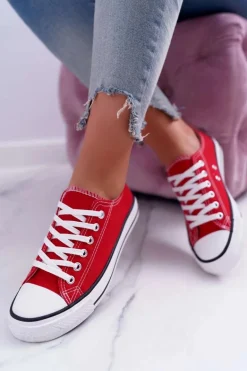 Trampki Damskie Niskie Materiałowe Czerwone FreeTime