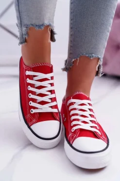 Trampki Damskie Niskie Materiałowe Czerwone FreeTime