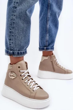 Trampki Damskie Wysokie Na Suwak Lemar Beżowe Katerin