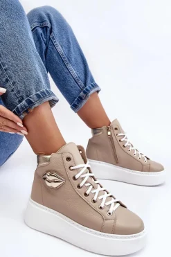 Trampki Damskie Wysokie Na Suwak Lemar Beżowe Katerin