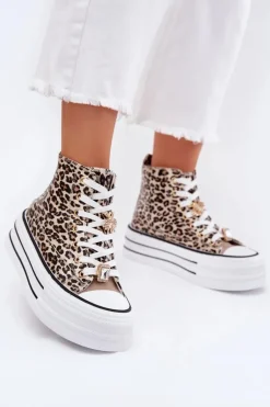 Trampki Damskie Wysokie Na Masywnej Platformie Z Przypinkami Panterka Złote Olivana