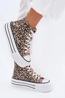 Trampki Damskie Wysokie Na Masywnej Platformie Z Przypinkami Panterka Złote Olivana