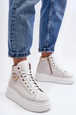 Trampki Damskie Wysokie Na Suwak Lemar Białe Katerin