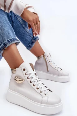 Trampki Damskie Wysokie Na Suwak Lemar Białe Katerin