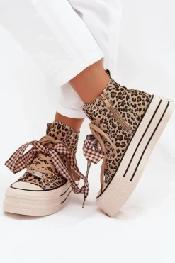 Trampki Damskie Ze Wstążką I Zamkiem Na Platformie Panterka Mavara