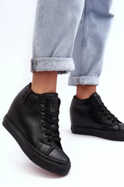 Trampki Skórzane Damskie Na Koturnie Big Star MM274001 Czarne