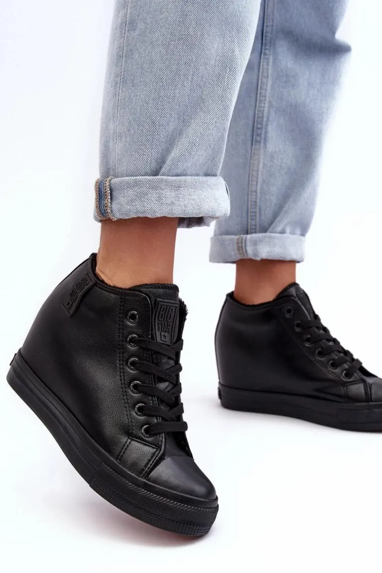 Trampki Skórzane Damskie Na Koturnie Big Star MM274001 Czarne