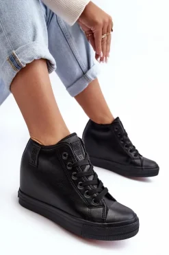 Trampki Skórzane Damskie Na Koturnie Big Star MM274001 Czarne