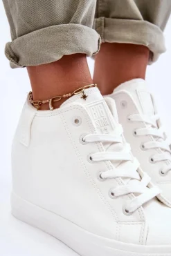 Trampki Skórzane Damskie Na Koturnie Big Star MM274002 Białe