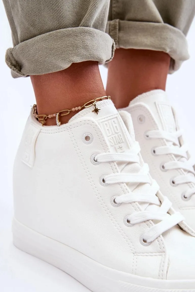 Trampki Skórzane Damskie Na Koturnie Big Star MM274002 Białe