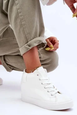 Trampki Skórzane Damskie Na Koturnie Big Star MM274002 Białe