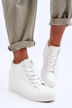 Trampki Skórzane Damskie Na Koturnie Big Star MM274002 Białe