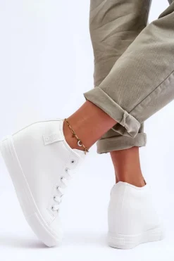 Trampki Skórzane Damskie Na Koturnie Big Star MM274002 Białe