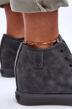 Trampki Skórzane Damskie Na Koturnie Big Star MM274005 Szare