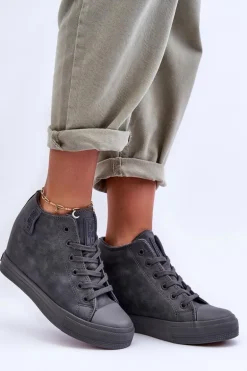 Trampki Skórzane Damskie Na Koturnie Big Star MM274005 Szare