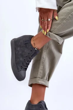 Trampki Skórzane Damskie Na Koturnie Big Star MM274005 Szare