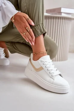 Trampki Sneakersy Damskie Na Platformie Z Eko Skóry Biało-Złote Brennessa