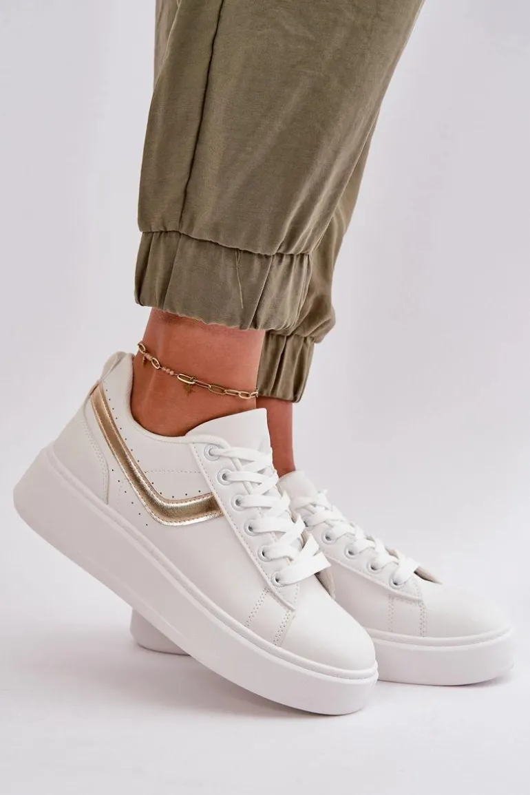 Trampki Sneakersy Damskie Na Platformie Z Eko Skóry Biało-Złote Brennessa