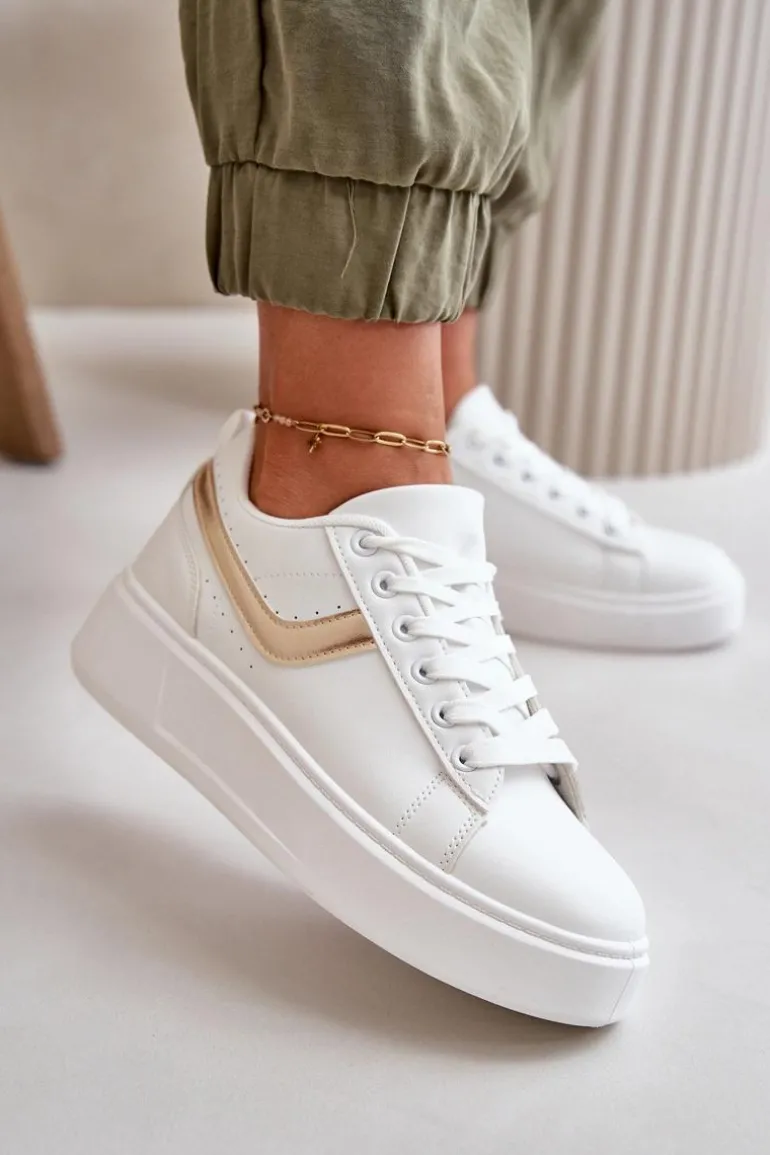 Trampki Sneakersy Damskie Na Platformie Z Eko Skóry Biało-Złote Brennessa