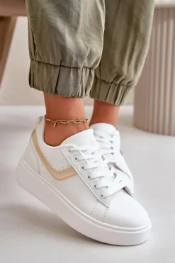 Trampki Sneakersy Damskie Na Platformie Z Eko Skóry Biało-Złote Brennessa