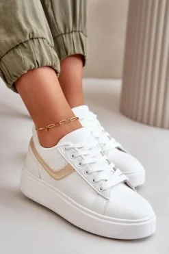 Trampki Sneakersy Damskie Na Platformie Z Eko Skóry Biało-Złote Brennessa