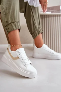 Trampki Sneakersy Damskie Na Platformie Z Eko Skóry Biało-Złote Brennessa