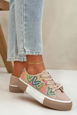 Trampki Tenisówki Damskie W Serca Ciemnobeżowe Fonirea