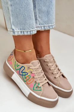 Trampki Tenisówki Damskie W Serca Ciemnobeżowe Fonirea