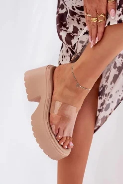 Transparentne Klapki Damskie Na Platformie I Masywnym Obcasie Beżowe Rizana