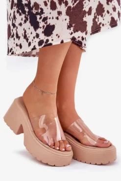 Transparentne Klapki Damskie Na Platformie I Masywnym Obcasie Beżowe Rizana