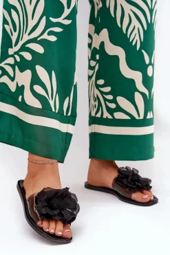 Transparentne Płaskie Klapki Damskie Ze Sztucznym Kwiatem Czarne Vobetta