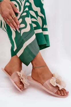 Transparentne Płaskie Klapki Damskie Ze Sztucznym Kwiatem Nude Vobetta